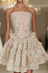 Sexy A Line Strapless Floral Holiday Dresses Travel Vacation Dresses Short Chiffon Birthday Dresses